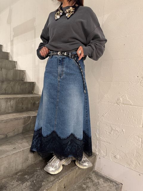 レースデニムスカート ブルー