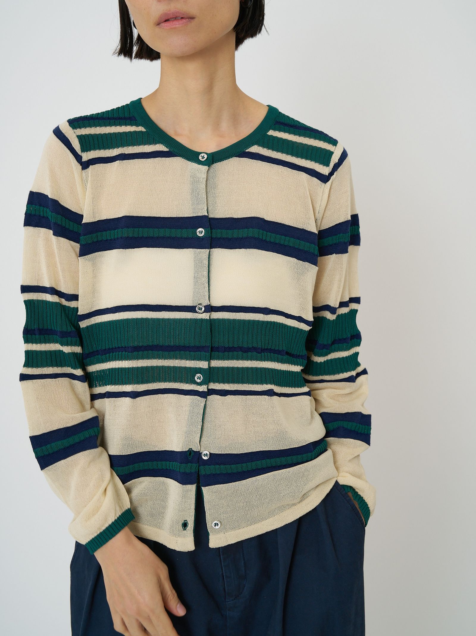 [9561-090GS] マルチボーダーカーディガン チャコール