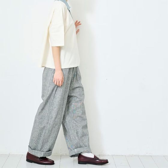 綿麻チェックノッポパンツ オフxブラック