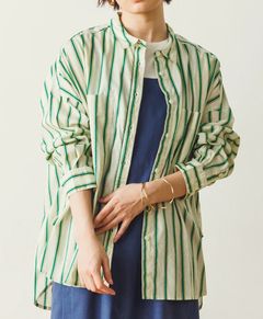 キャンブリックボイルストライプオーバー長袖シャツ グリーン系
