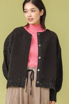 MIXニットxボア切替カーディガン ブラックミックス