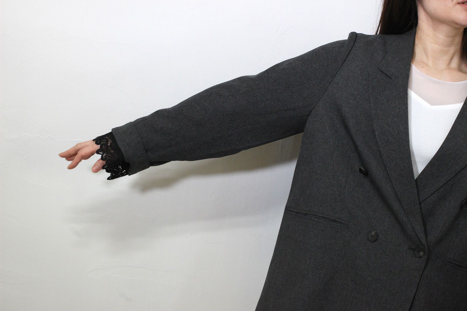 ストレッチ 杢ポリエステル袖レースダブルジャケット ミックスグレー