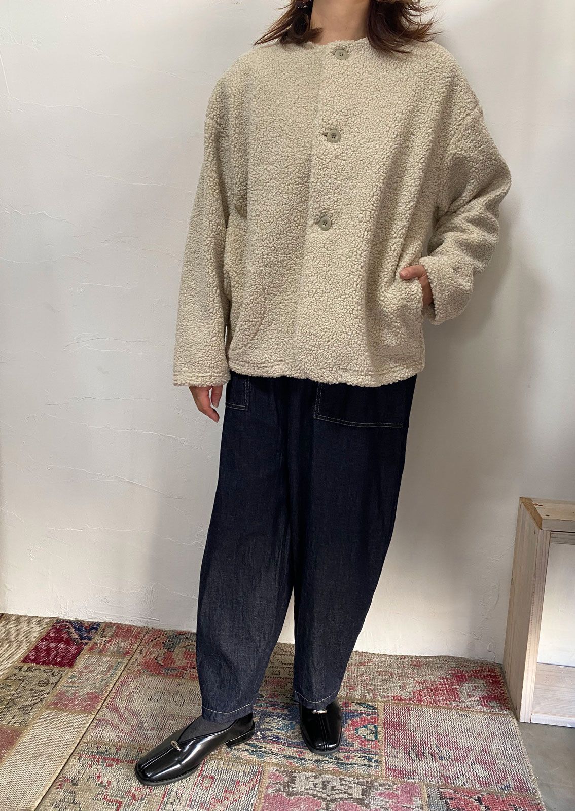 もこもこプードルパイル ノーカラージャケット エクリュ