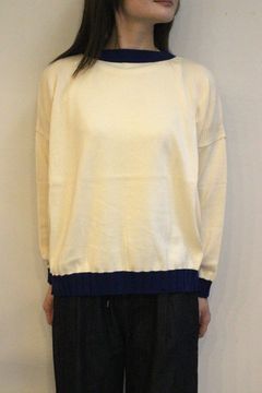 度詰め天竺配色コットンニット アイボリーxネイビー