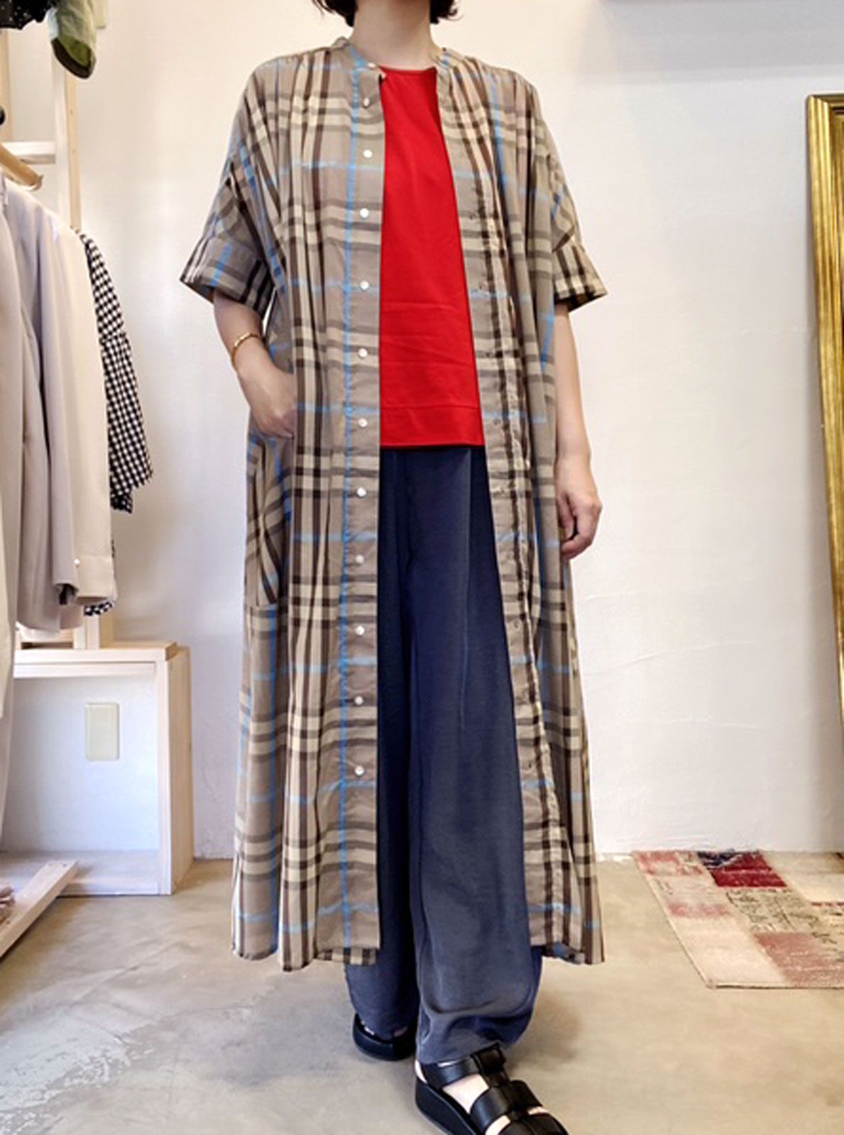コットンモダール ヤーンダイチェック シャツワンピース ベージュ