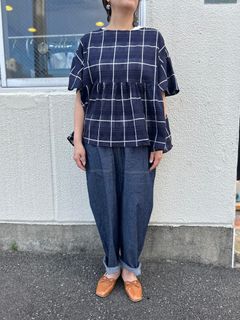 シャドウチェックフレアスリーブシャツ ネイビー