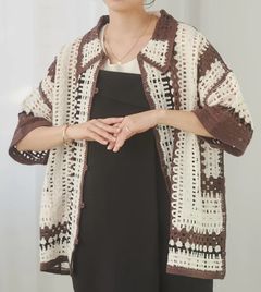 クロシェ編みニットシャツ ブラウン
