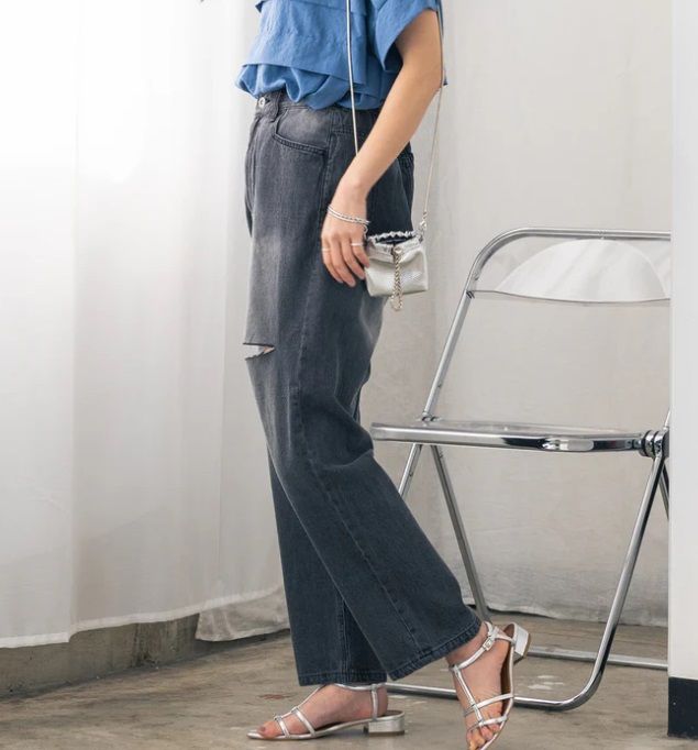 バックデザインデニムパンツ グレー