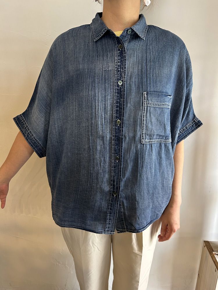 シアーデニムショートスリーブシャツ ライトインディゴブルー