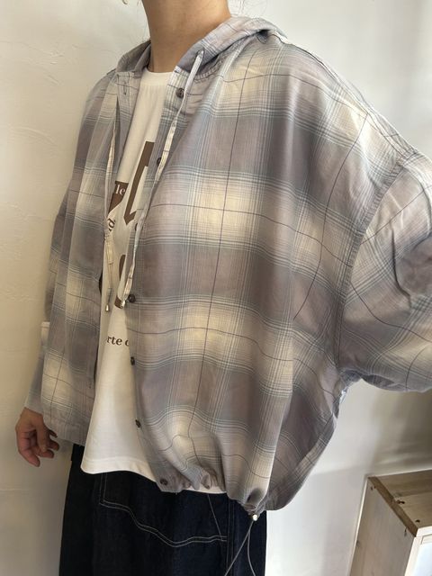 チェックフーディシャツ グレー