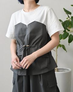 ストレッチツイルxシルケット天竺ビスチェレイヤードプルオーバー グレーxホワイト