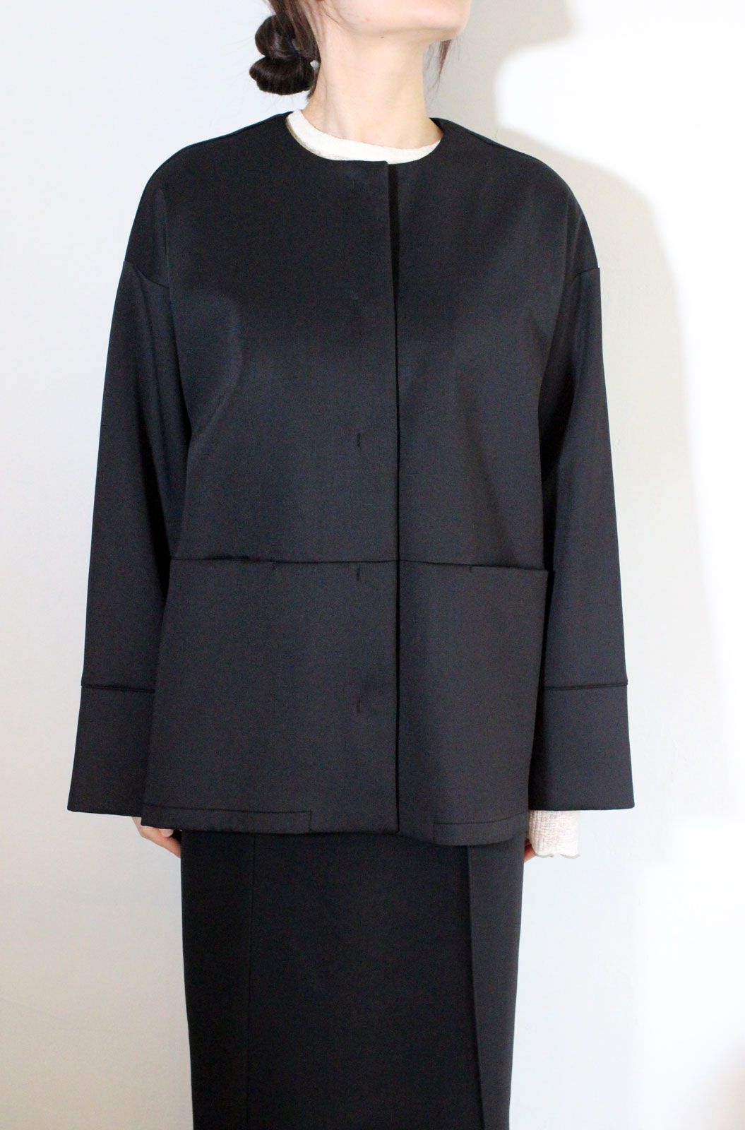 ダンボールニット ノーカラーコート ブラック