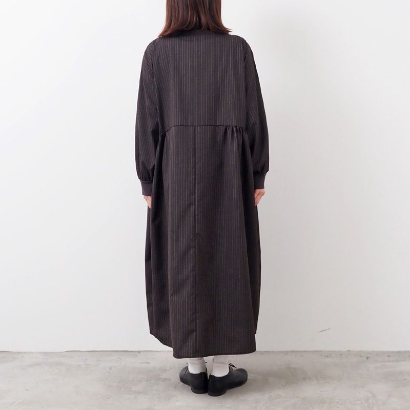 トロストライプ ロングスリーブ ベルワンピース ブラウン