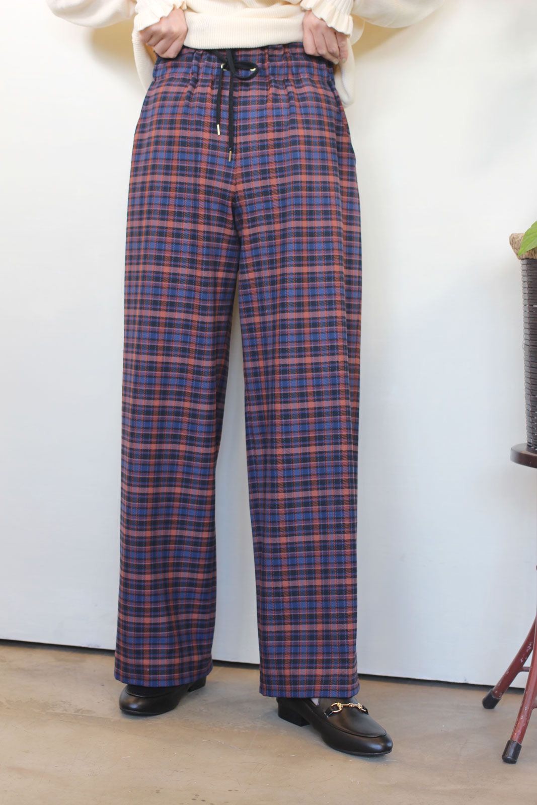 ソフトサーモチェック裏起毛ワイドパンツ ブルーチェック