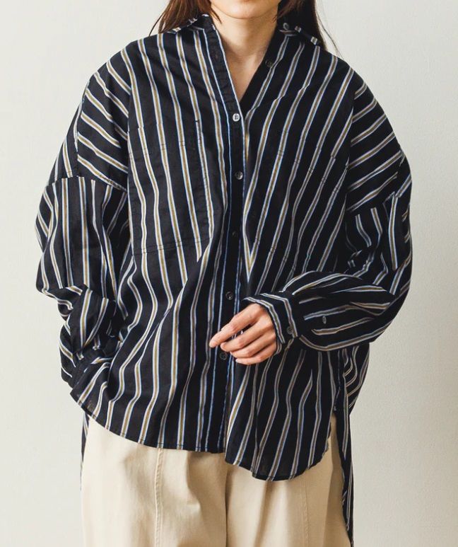 キャンブリックボイルストライプオーバー長袖シャツ ブラック系