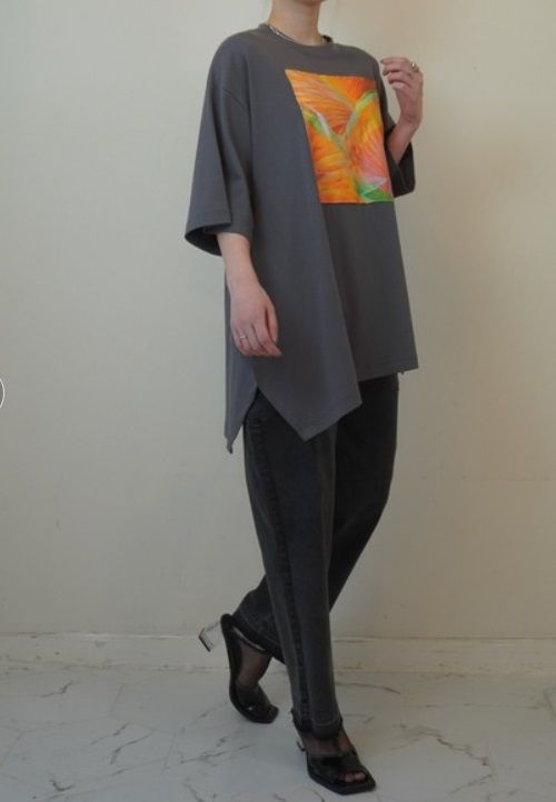 2WAYリーフフォトプリントレイヤードTシャツ チャコールグレー