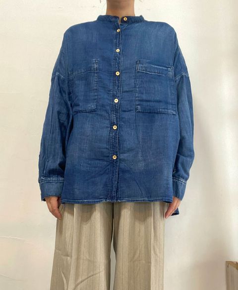 バンドカラーダブルガーゼシャツ ブルー