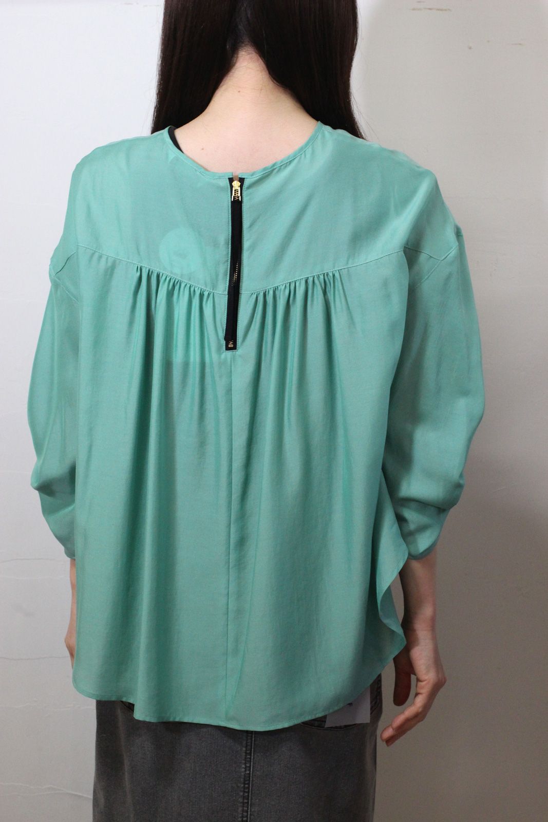 エアードレープ シフォンシャーリングスリーブブラウス ライトグリーン