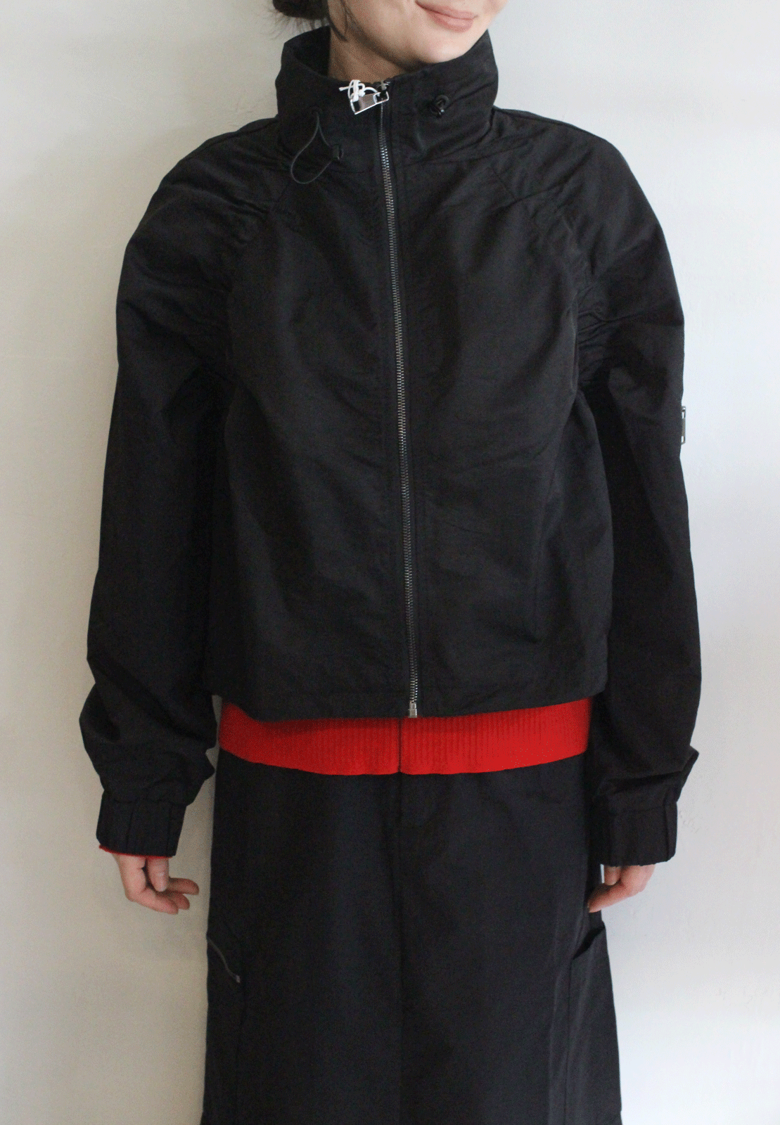 ラグランシャーリングジップショートブルゾン ブラック