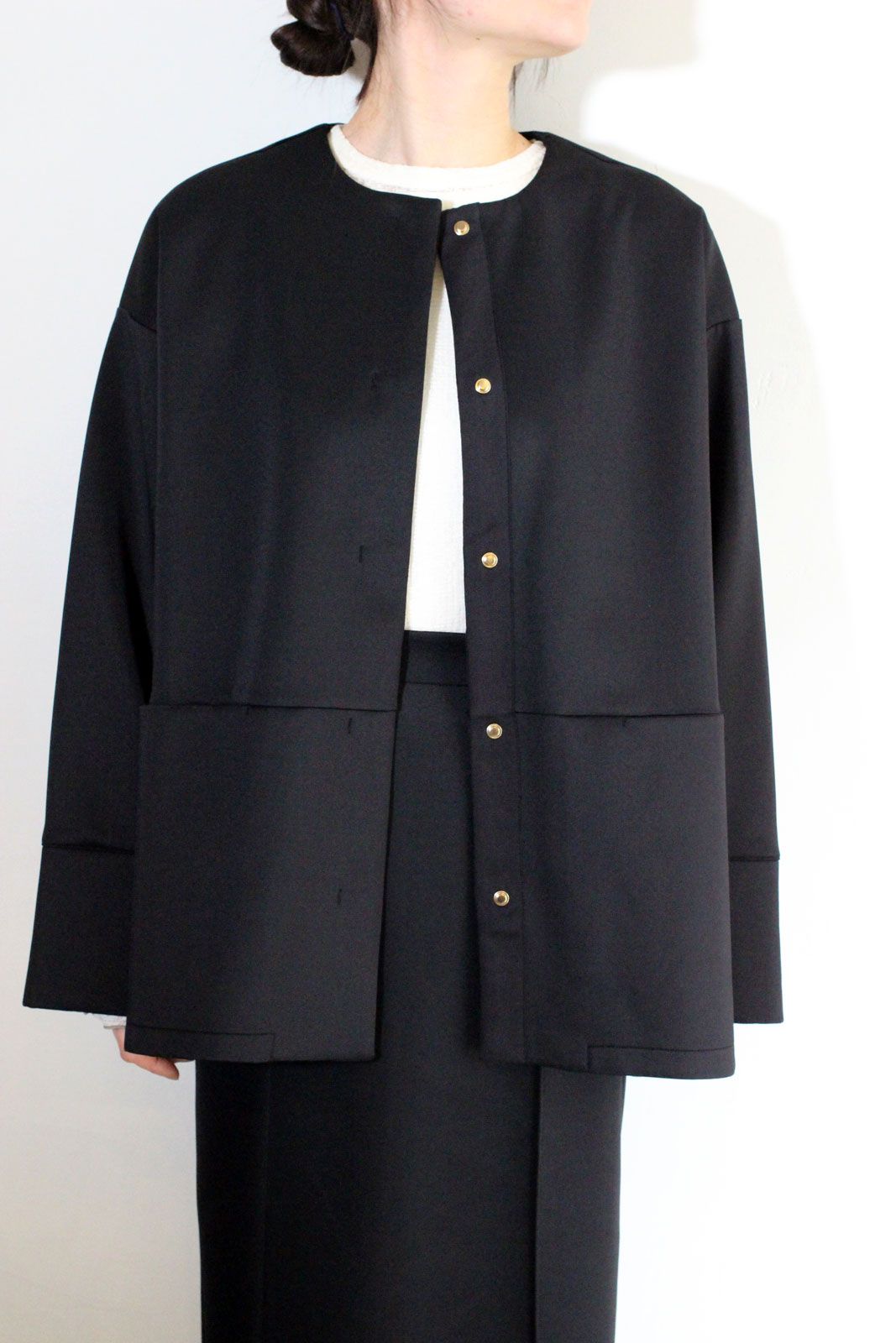 ダンボールニット ノーカラーコート ブラック