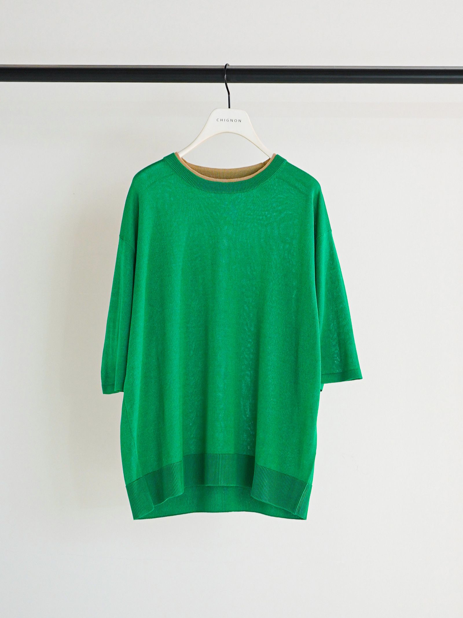 [9261-087GS] 衿配色ハーフスリーブニット グリーン