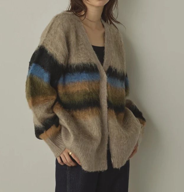起毛シャギーニット ボーダーカーデ ベージュ