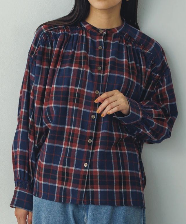 ネルチェックギャザーシャツ レッド系