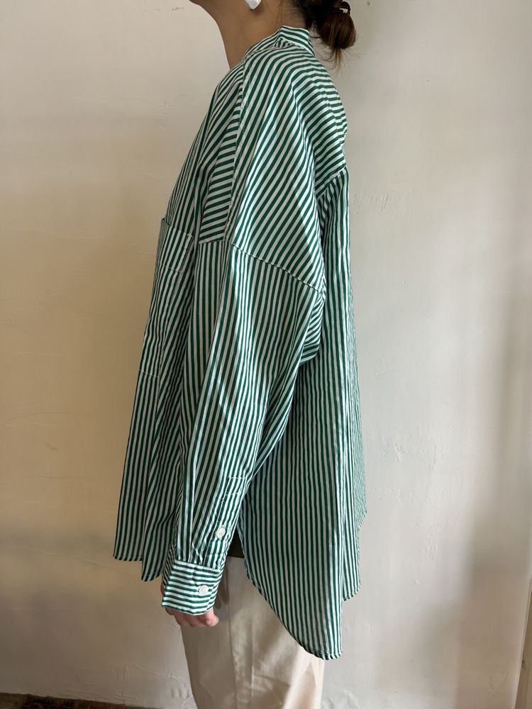 キャンブリックボイル ストライプ バンドカラーシャツ グリーン