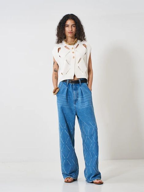 LASER CUT WIDE DENIM ブルー