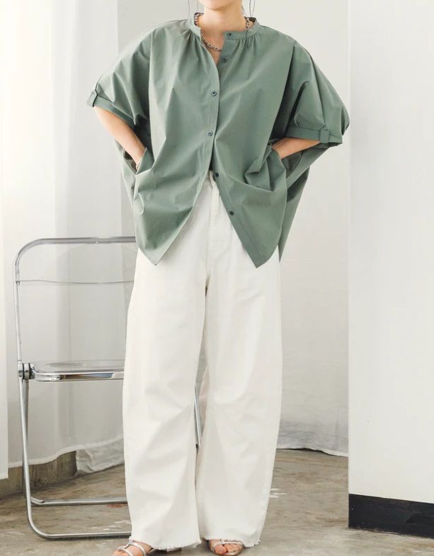 接触冷感オーバーサイズシャツ セージグリーン