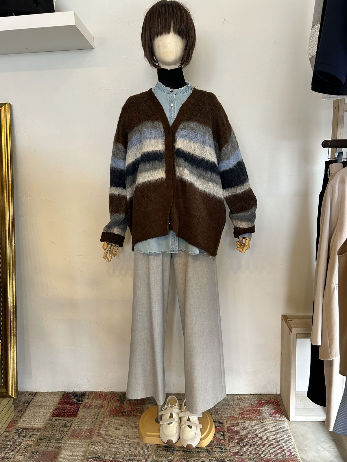 起毛シャギーニット ボーダーカーデ ブラウン
