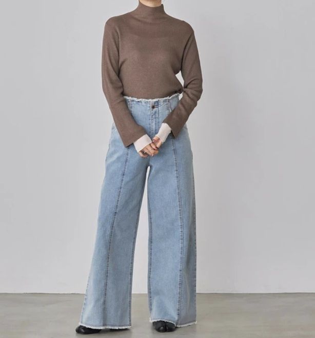 ラメ袖レイヤードリブタートルニット カーキグレー