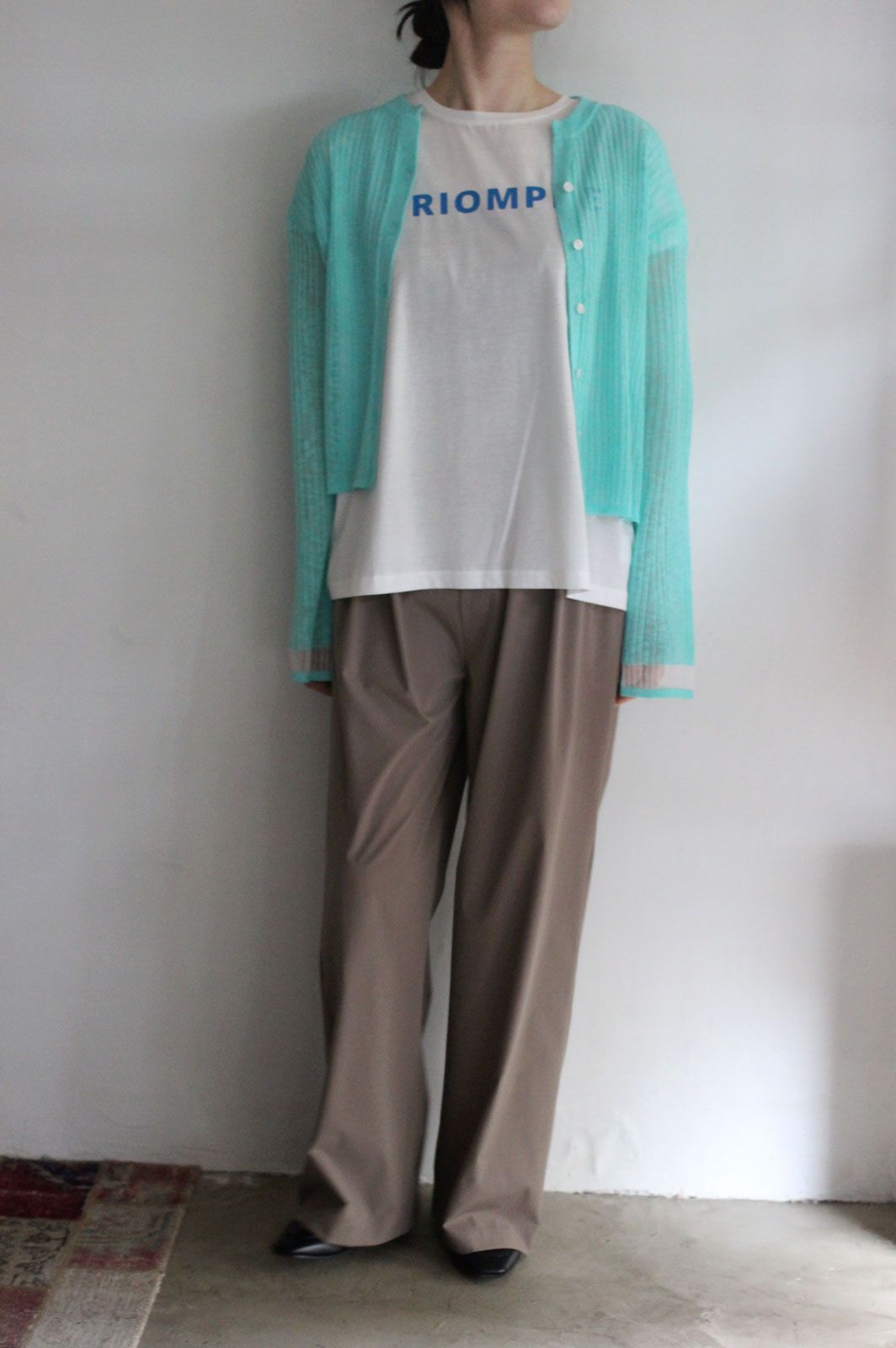 接触冷感シアーニット フレアスリーブカーデ ターコイズ