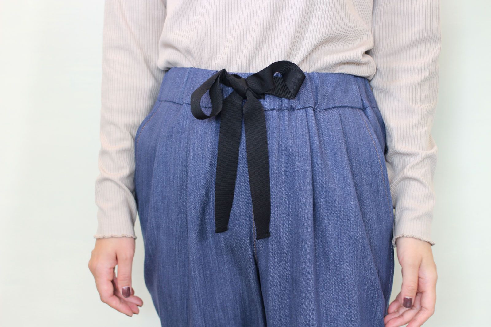テンセルストレッチデニムリボンパンツ インディゴ