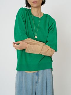 [9261-087GS] 衿配色ハーフスリーブニット グリーン