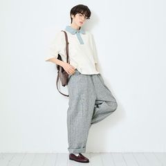 綿麻チェックノッポパンツ オフxブラック