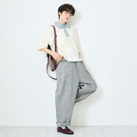 綿麻チェックノッポパンツ オフxブラック