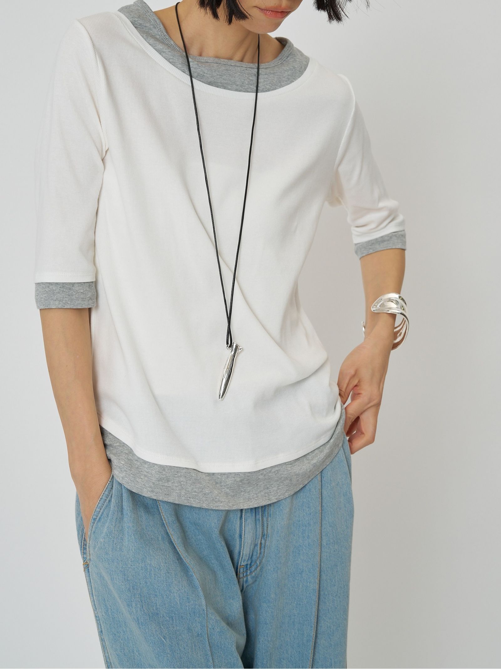 [8261-108KK] 配色テレコハーフスリーブPO ブラウン