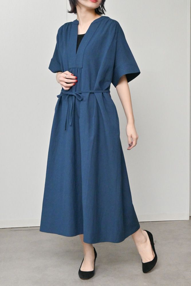 キーネックショートスリーブワンピース ダークブルー
