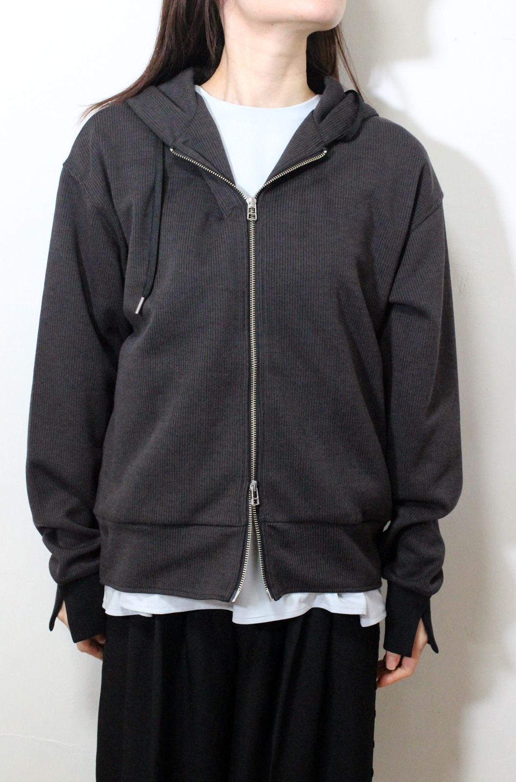 リブダブルジップパーカー チャコール