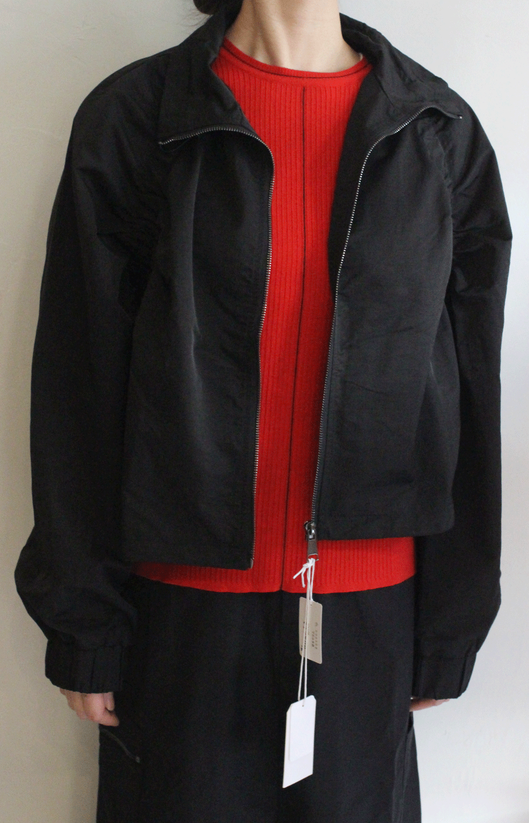 ラグランシャーリングジップショートブルゾン ブラック