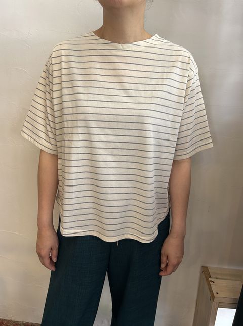 サイロプレミアムボーダーVネックT エクリュxグレー
