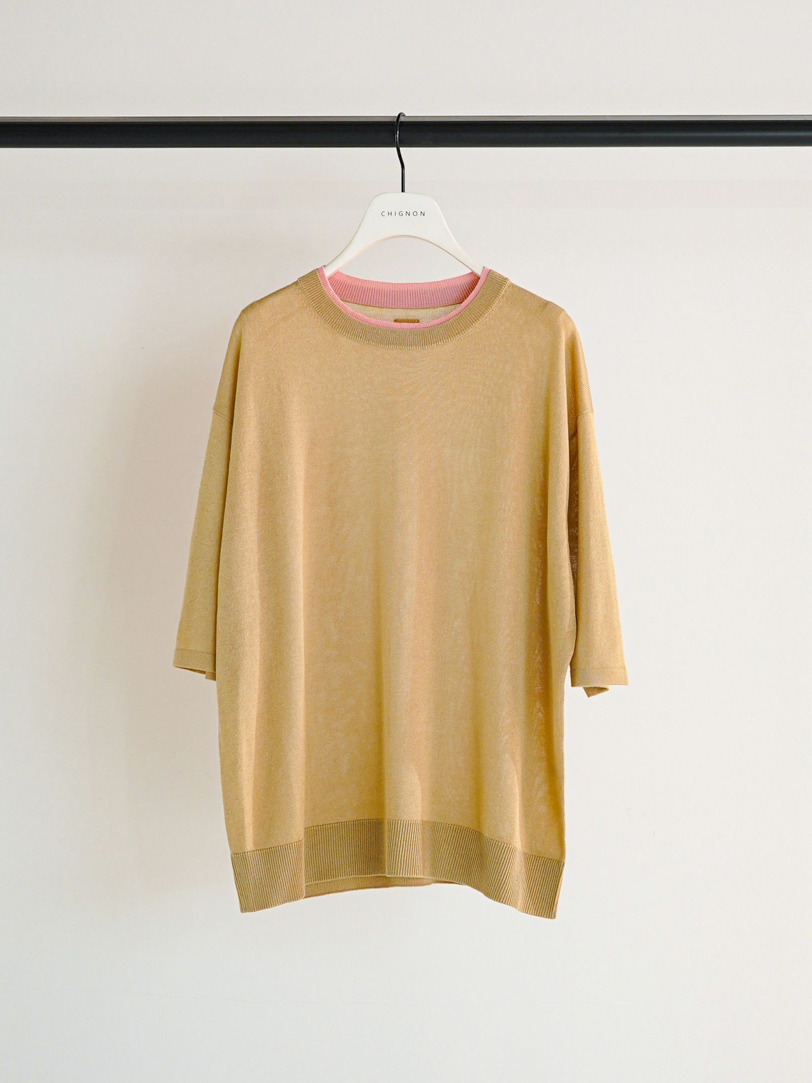 [9261-087GS] 衿配色ハーフスリーブニット ベージュ