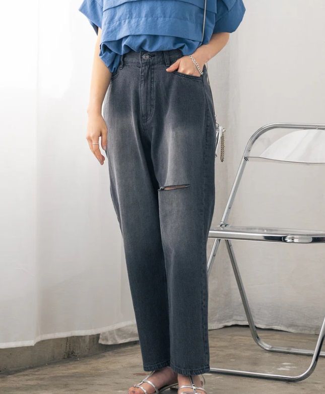 バックデザインデニムパンツ グレー
