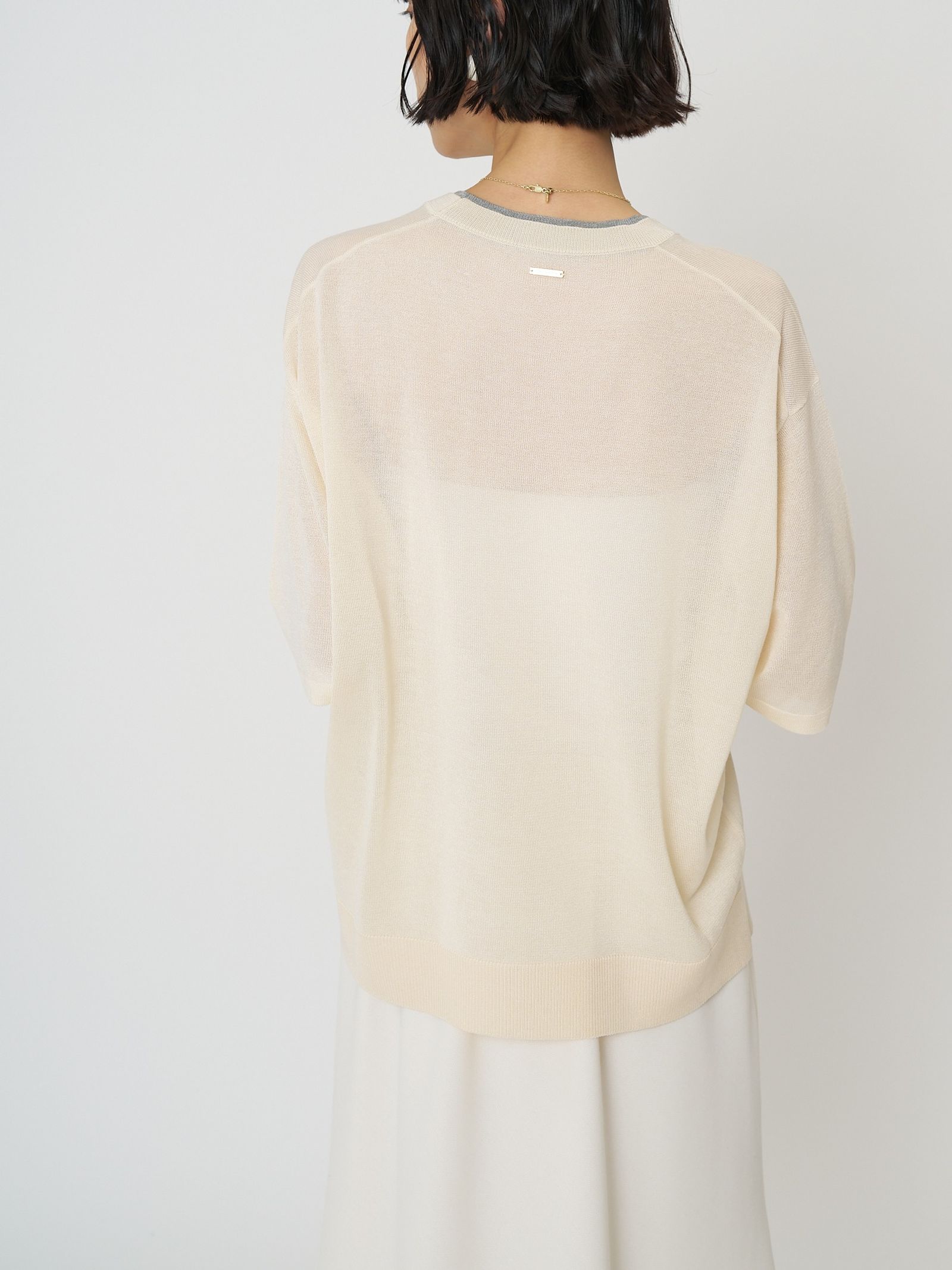 [9261-087GS] 衿配色ハーフスリーブニット ベージュ