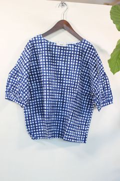 ローンリップルチェックパフスリーブ ブルー