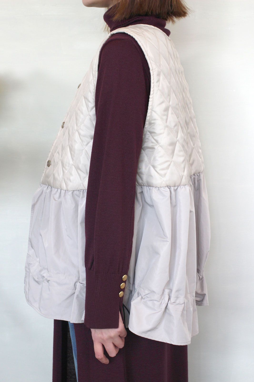 WOOLLETヘリンボン3WAY丸首ショートコート ライトベージュ
