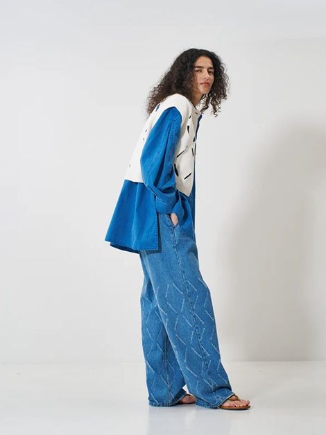 LASER CUT WIDE DENIM ブルー