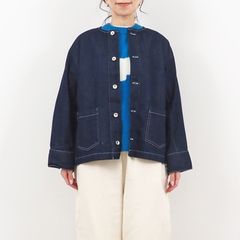 12ozムラデニムノーカラージャケット オフホワイトステッチ