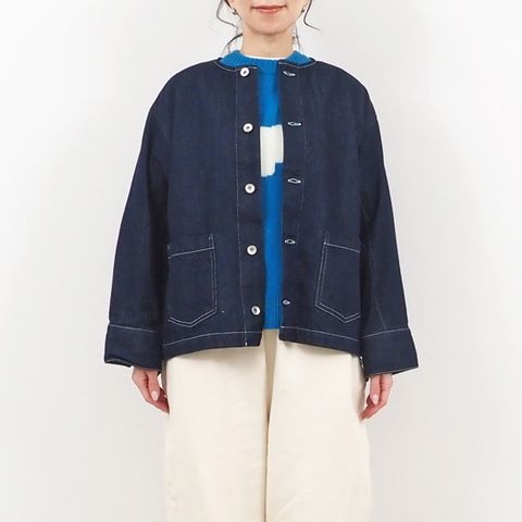 12ozムラデニムノーカラージャケット オフホワイトステッチ